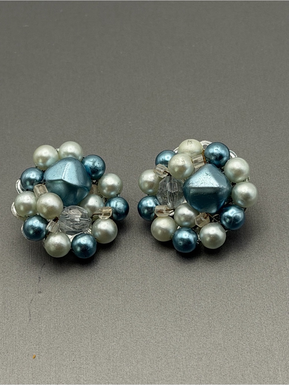 Japan Faux Steel Blue and White Pearl Cluster Clip-On Earrings